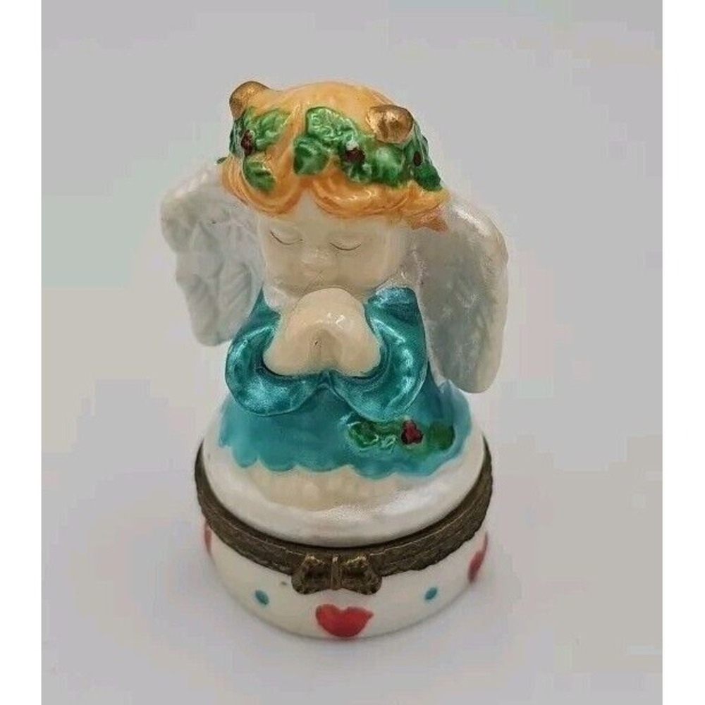 Christmas Angel Trinket Box Shimmer 3" Hinged Hearts Blue Dress‎ Praying W/Wings